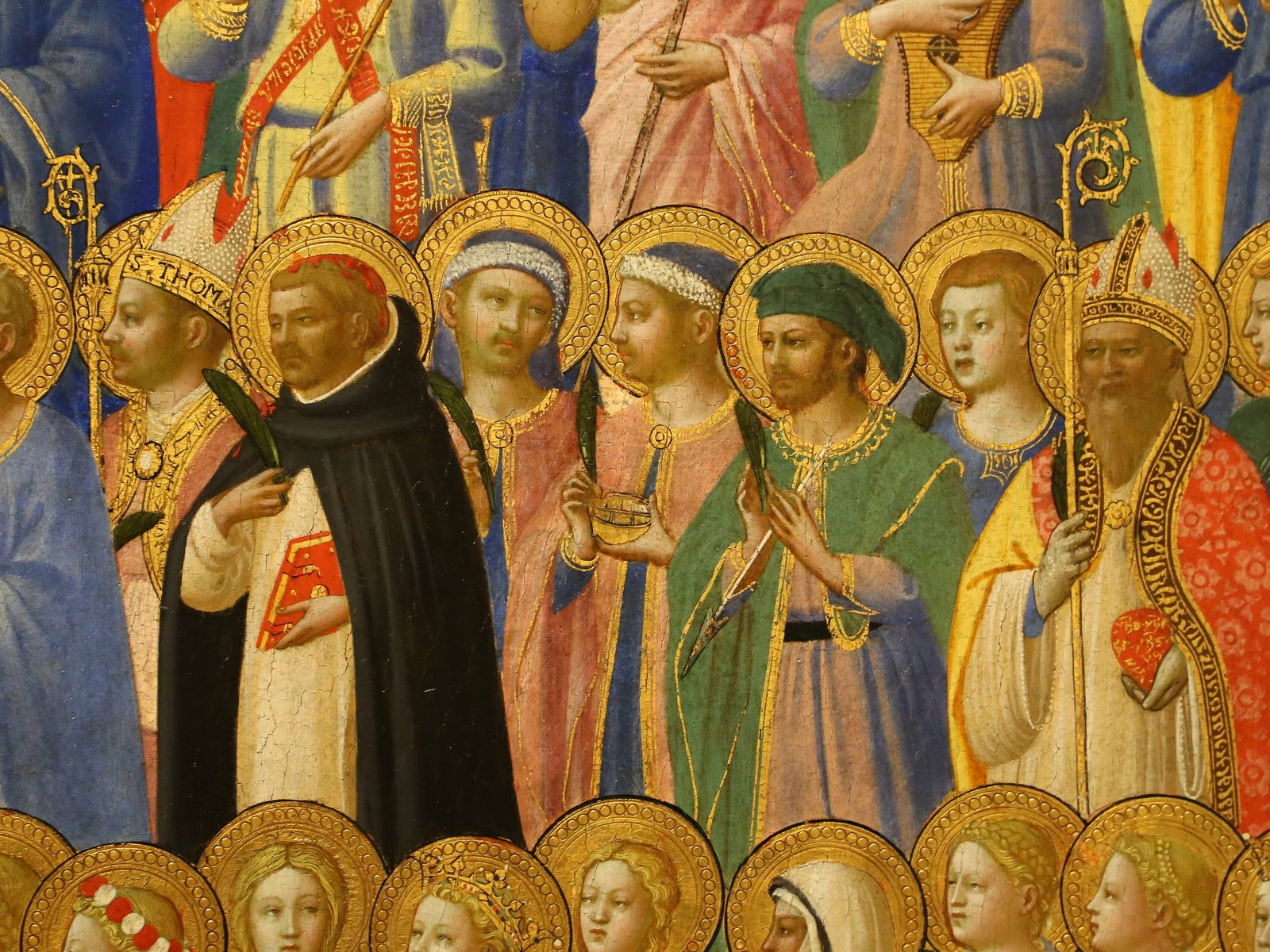 Santos y mártires con sus aureolas en Cristo glorificado en la corte del paraíso, de Fra Angelico, imagen del índice de santos de la Iglesia católica
