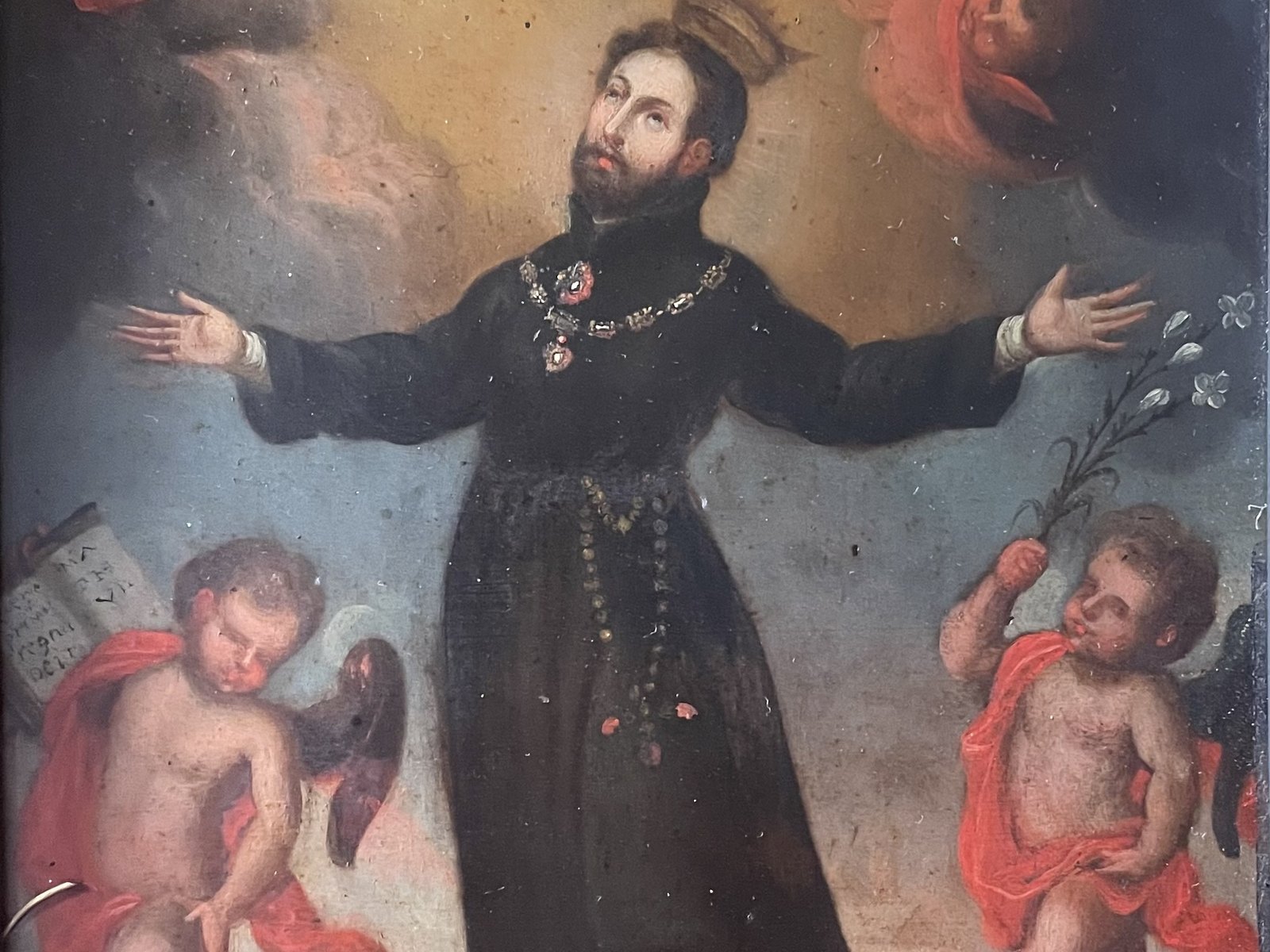 San Cayetano con los brazos abiertos y el hábito de clérigo regular, pintura del siglo XVIII