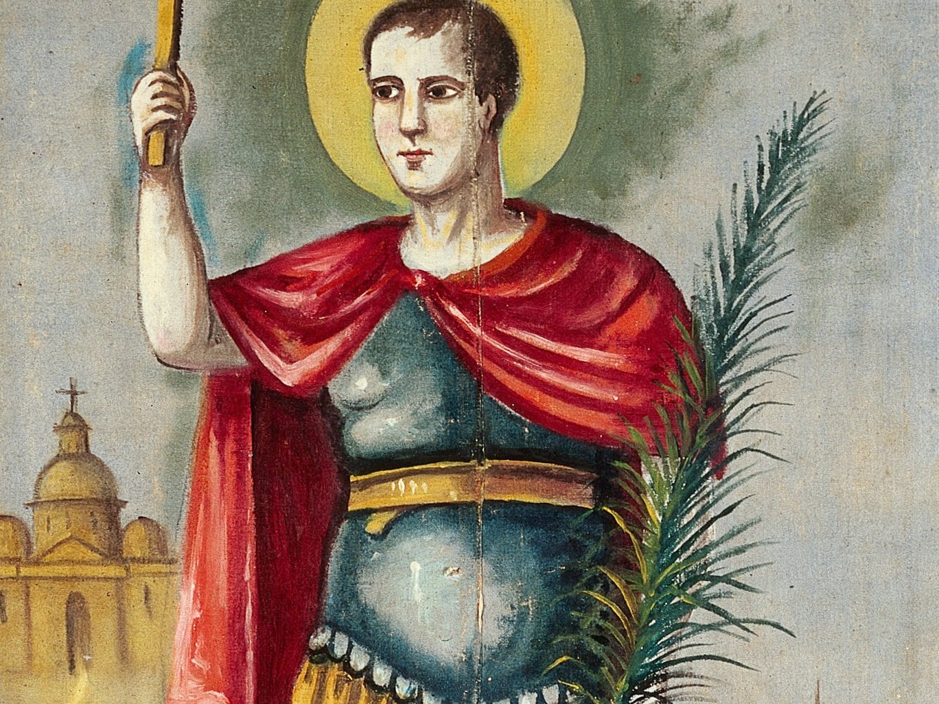 San Expedito vestido de soldado romano con la cruz en alto, la palma del martirio y el cuervo a sus pies