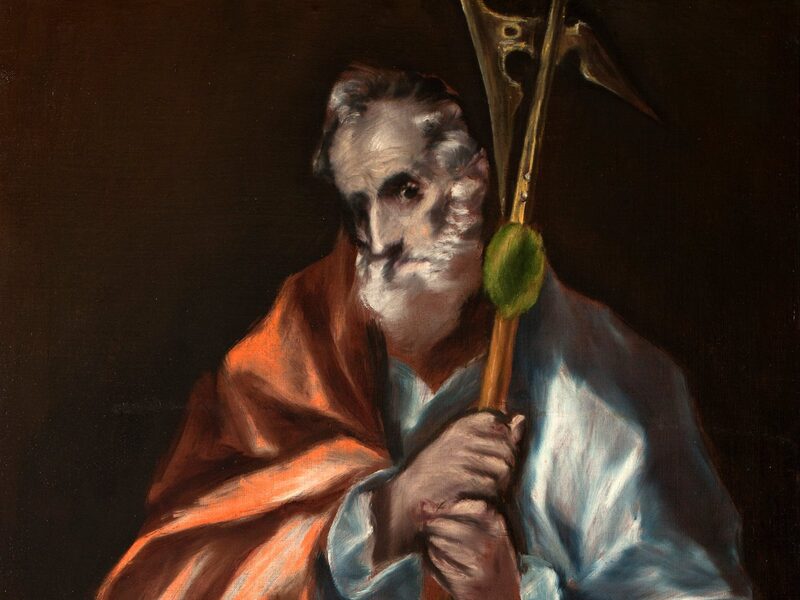 San Judas Tadeo pintado por El Greco, con barba blanca, manto rojo y la alabarda de su martirio